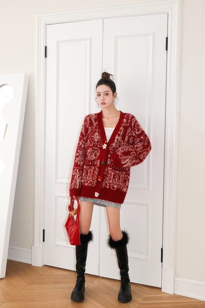 DIANA VEVINA Christmas Totem Wool Cardigan Red