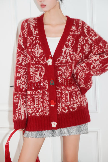 DIANA VEVINA Christmas Totem Wool Cardigan Red
