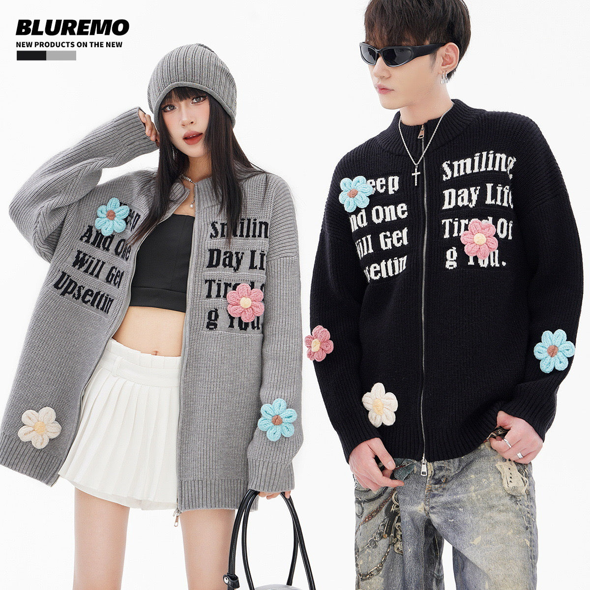 BLUREMO Double Zip Jacquard Letter Floral Knitted Jacket