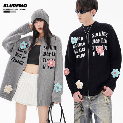 BLUREMO Double Zip Jacquard Letter Floral Knitted Jacket