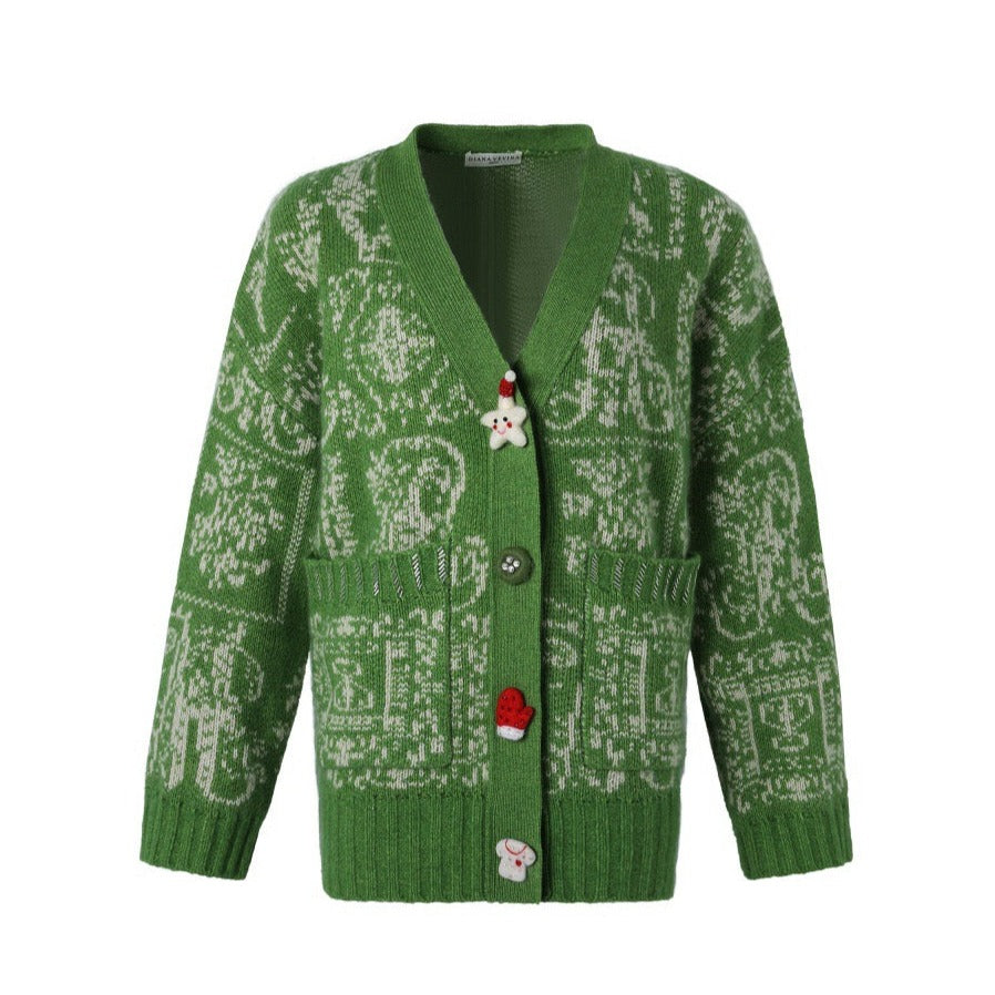 DIANA VEVINA Christmas Totem Wool Cardigan Green