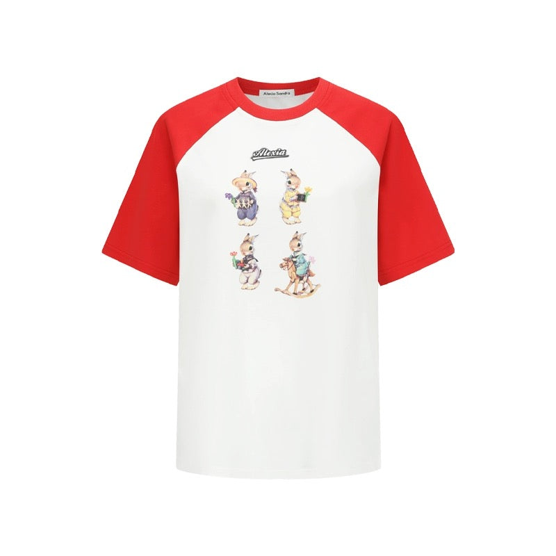 Alexia Sandra Four Bunnies Contrast Color Raglan T-Shirt Red/White