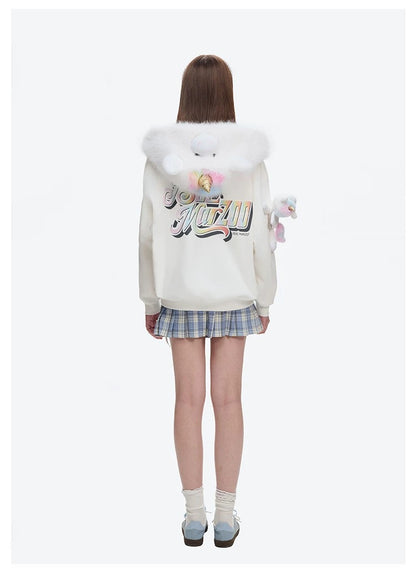 13DE MARZO Unicorn Bear Zipped Hoodie White