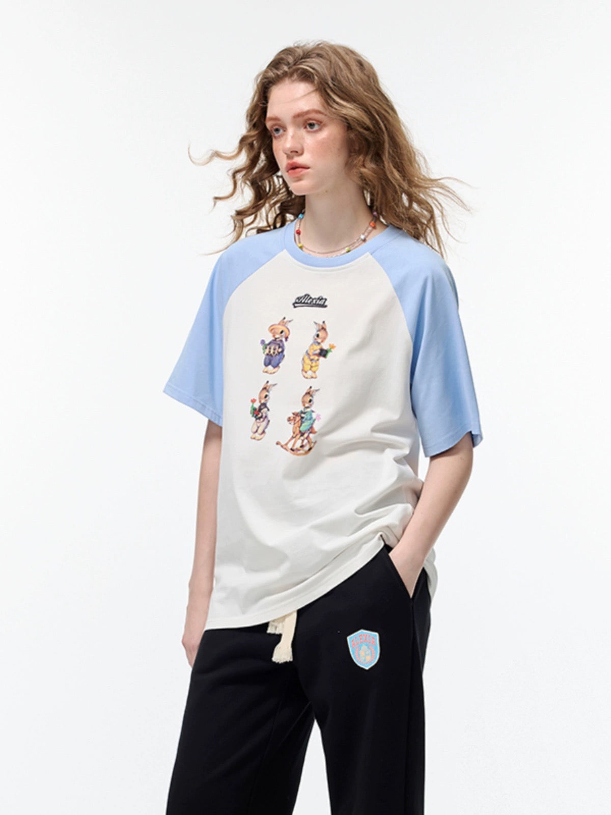 Alexia Sandra Four Bunnies Contrast Color Raglan T-Shirt Blue/White