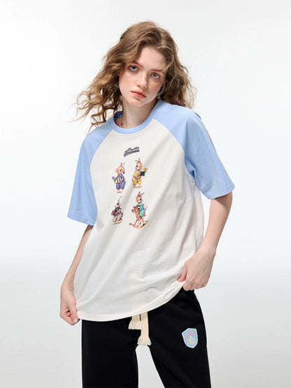 Alexia Sandra Four Bunnies Contrast Color Raglan T-Shirt Blue/White