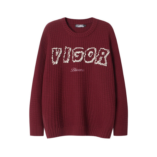 BLUREMO Waffle Check Pearl Embroidery Sweater