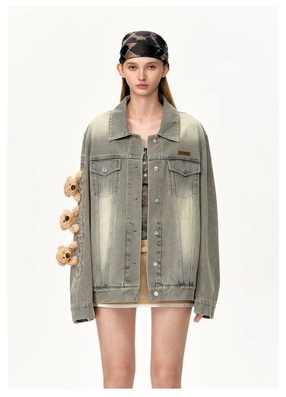 13DE MARZO Bear Queue Vintage Denim Jacket Grey