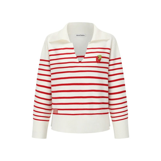 Alexia Sandra Stripe Strawberry V-Neck Polo Shirt Red