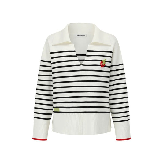 Alexia Sandra Stripe Strawberry V-Neck Polo Shirt Black