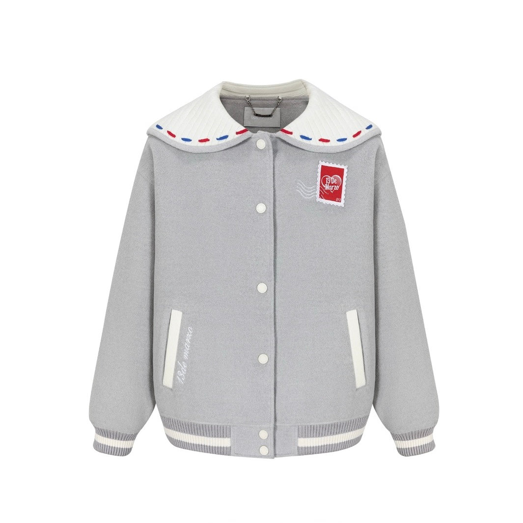 13DE MARZO Love Letter Tweed Baseball Jacket Grey