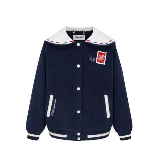 13DE MARZO Love Letter Tweed Baseball Jacket Navy Blue