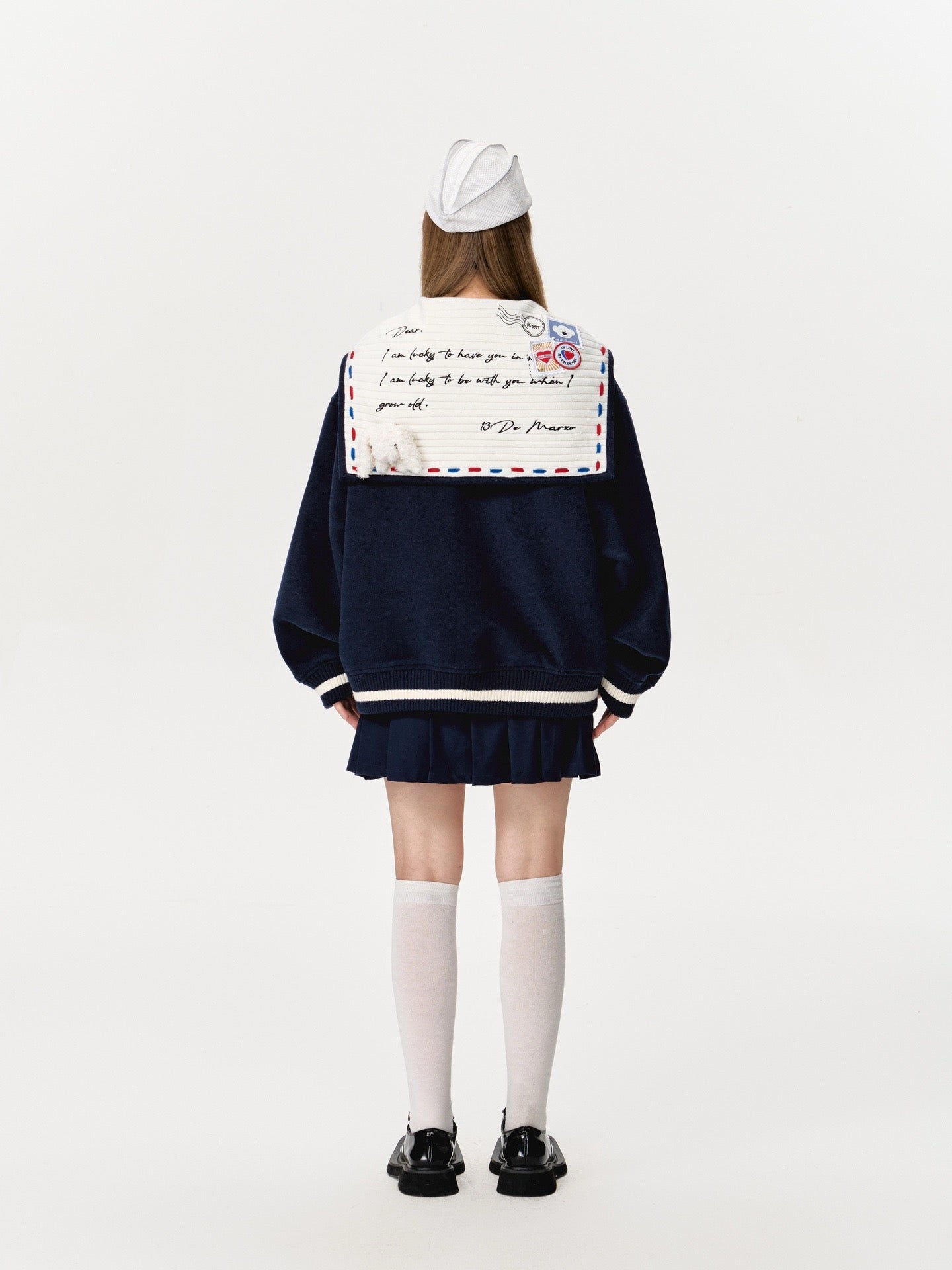 13DE MARZO Love Letter Tweed Baseball Jacket Navy Blue