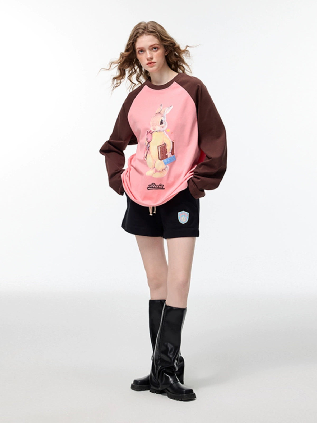 Alexia Sandra Big Bunny Contrast Color Long Sleeve T-Shirt Pink