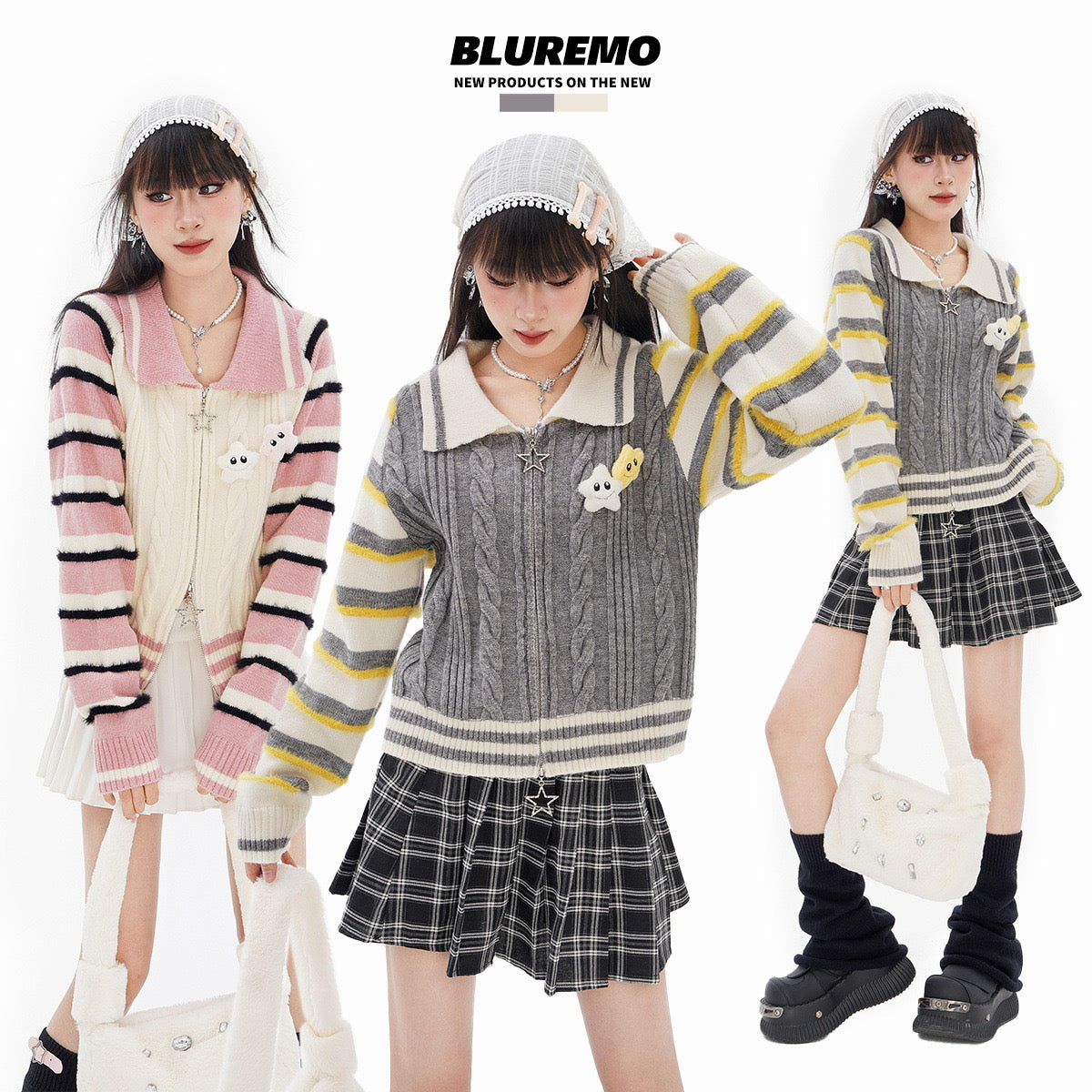 BLUREMO Twisted Double Zip Striped Star Cardigan