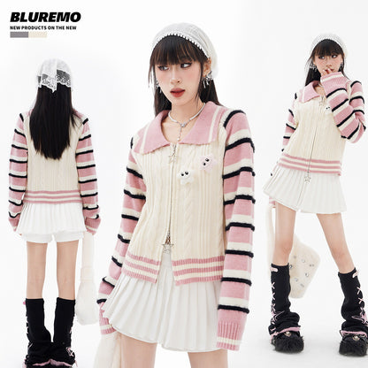 BLUREMO Twisted Double Zip Striped Star Cardigan