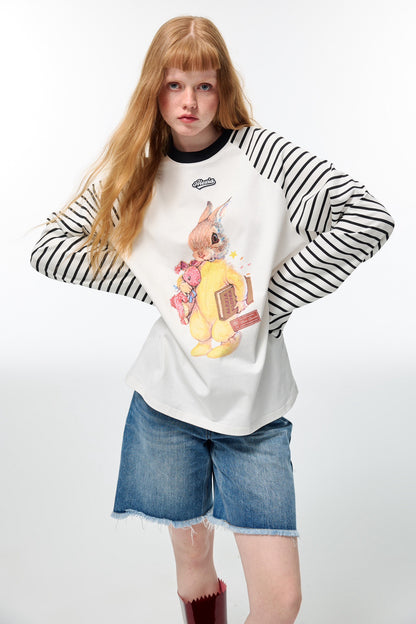 Alexia Sandra Big Bunny Contrast Color Stripe Long Sleeve T-Shirt Black