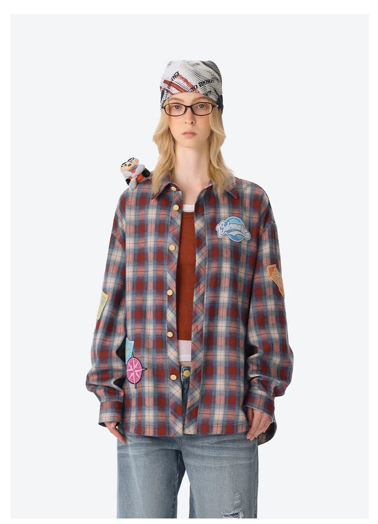 13DE MARZO Flight Bear Badge Check Shirt Red