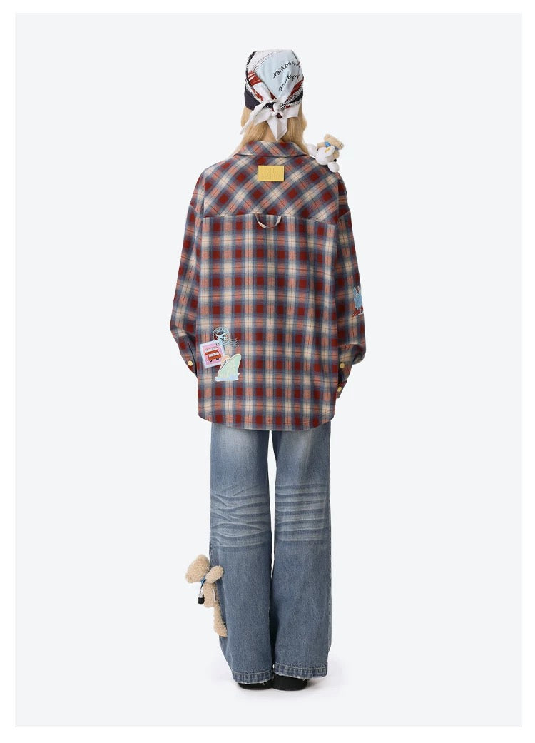 13DE MARZO Flight Bear Badge Check Shirt Red