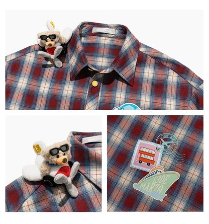 13DE MARZO Flight Bear Badge Check Shirt Red