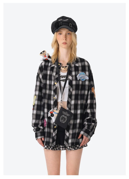 13DE MARZO Flight Bear Badge Check Shirt Black