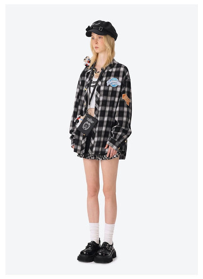 13DE MARZO Flight Bear Badge Check Shirt Black