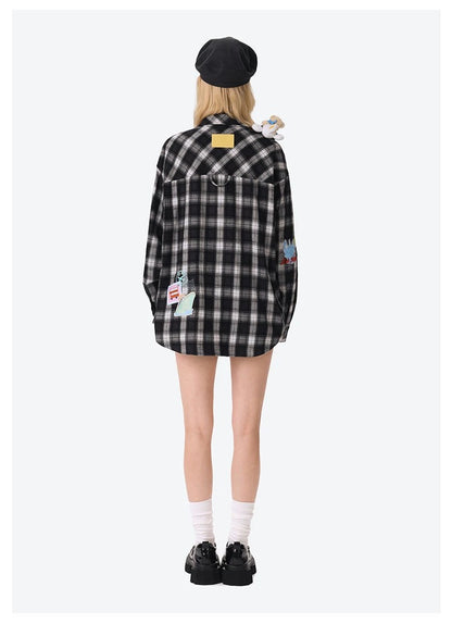 13DE MARZO Flight Bear Badge Check Shirt Black