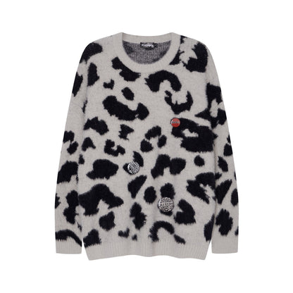 BLUREMO Retro Leopard Print Metal Badge Sweater