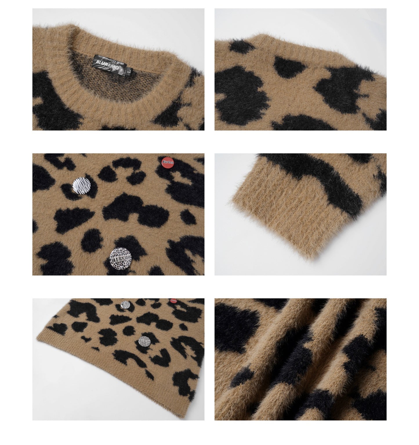 BLUREMO Retro Leopard Print Metal Badge Sweater