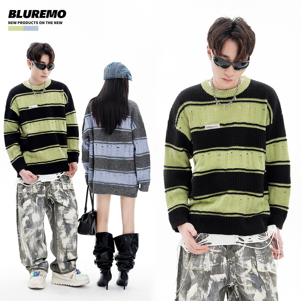 BLUREMO Retro Ripped Contrast Striped Crewneck Sweater