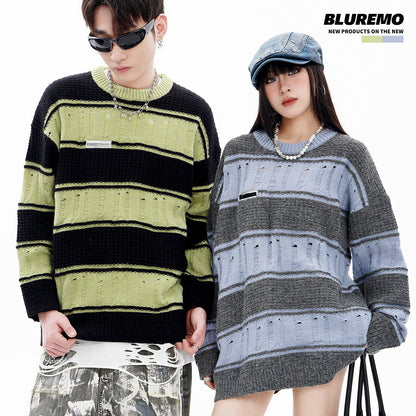 BLUREMO Retro Ripped Contrast Striped Crewneck Sweater