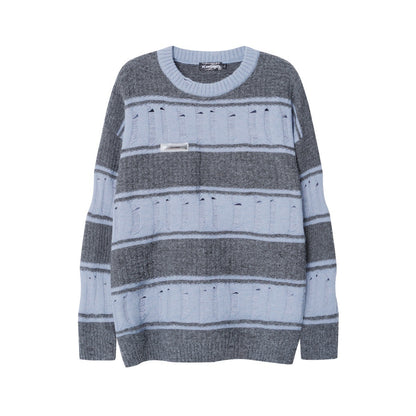 BLUREMO Retro Ripped Contrast Striped Crewneck Sweater