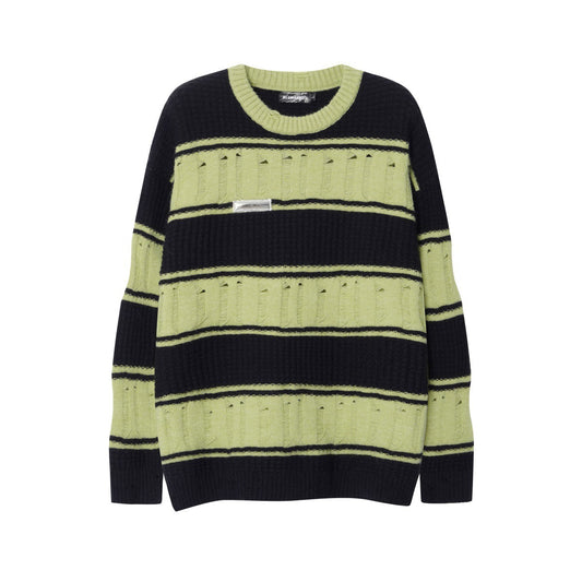 BLUREMO Retro Ripped Contrast Striped Crewneck Sweater