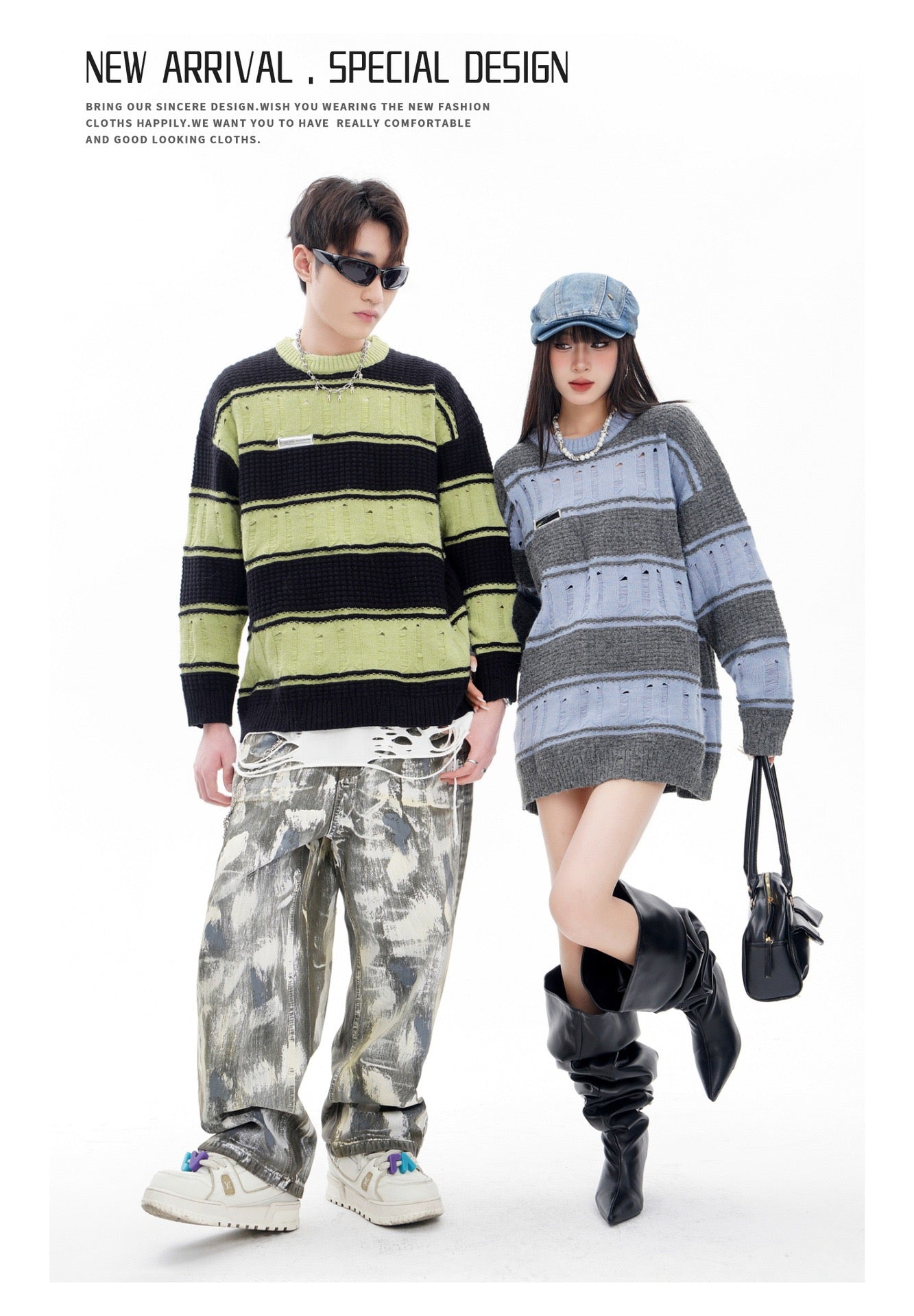 BLUREMO Retro Ripped Contrast Striped Crewneck Sweater