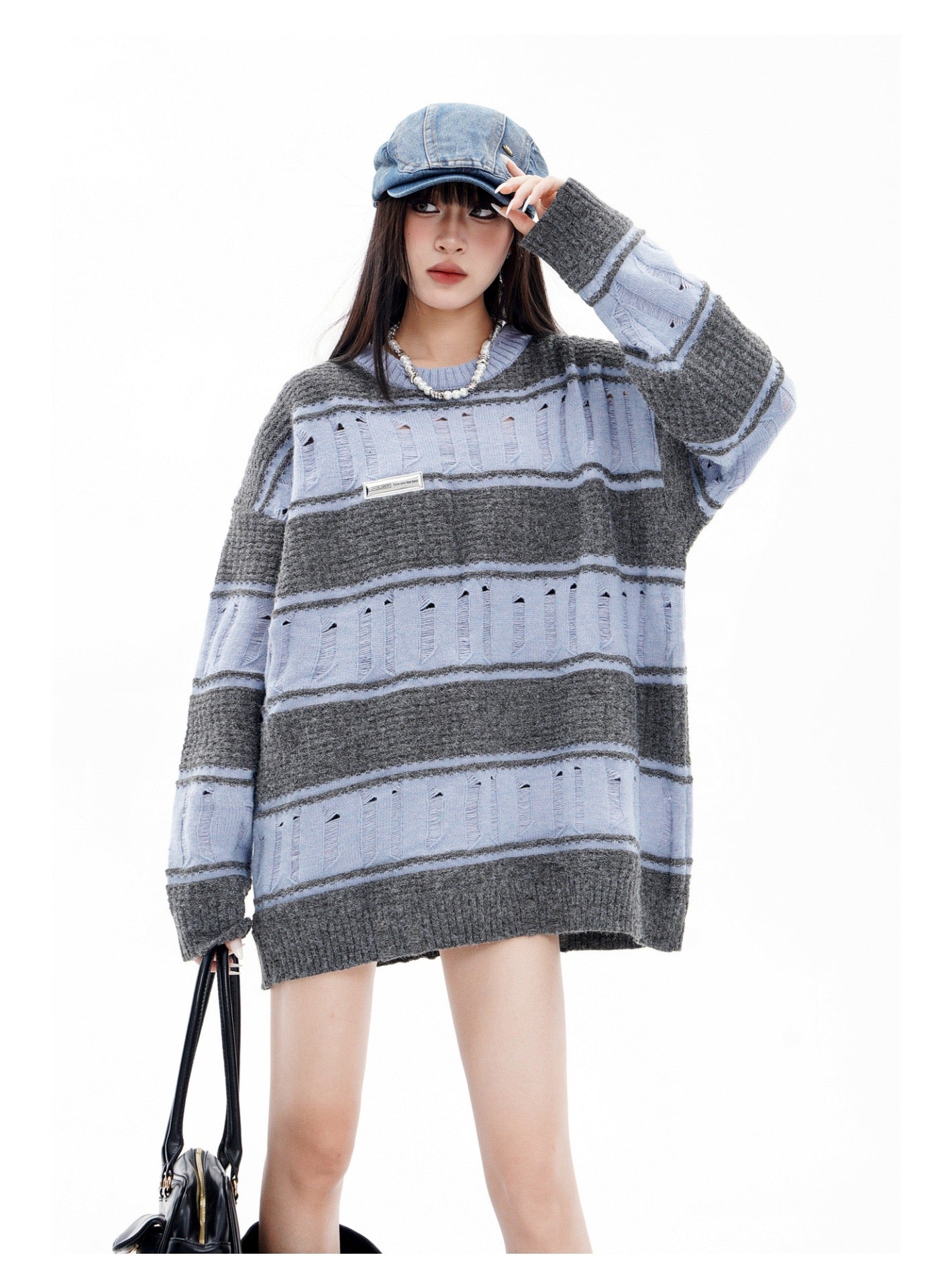 BLUREMO Retro Ripped Contrast Striped Crewneck Sweater