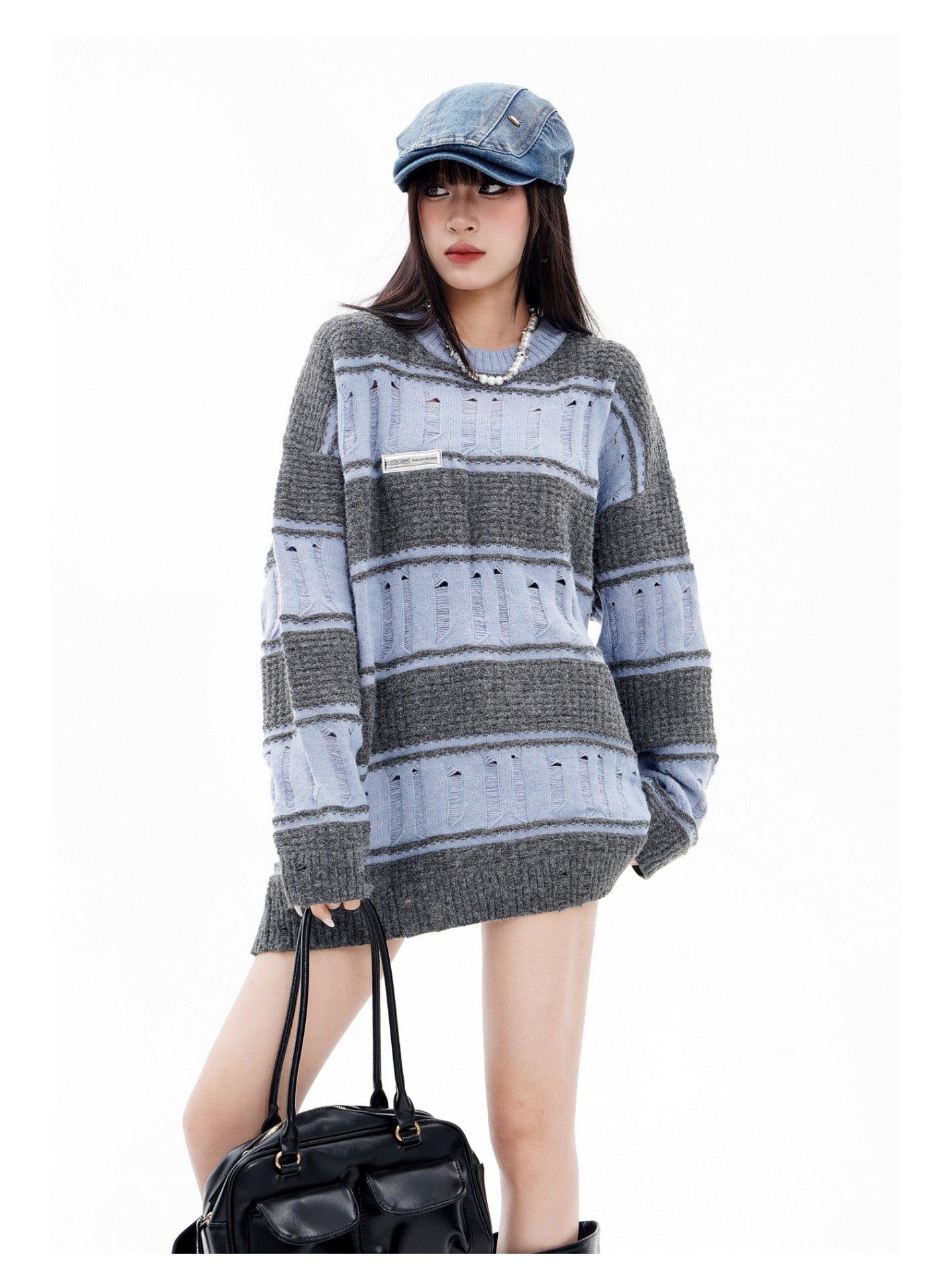 BLUREMO Retro Ripped Contrast Striped Crewneck Sweater