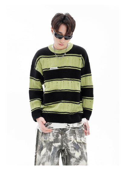 BLUREMO Retro Ripped Contrast Striped Crewneck Sweater