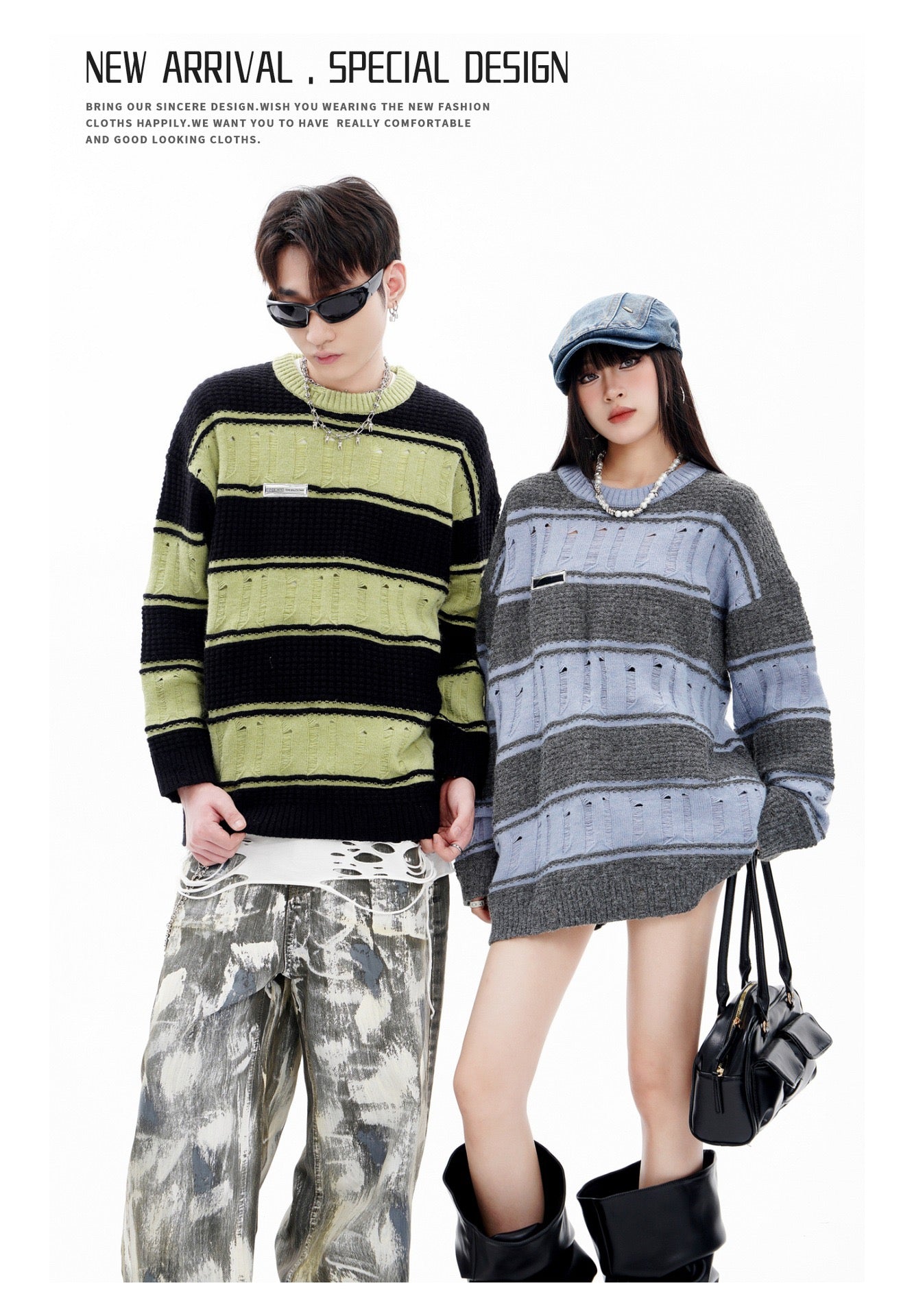 BLUREMO Retro Ripped Contrast Striped Crewneck Sweater