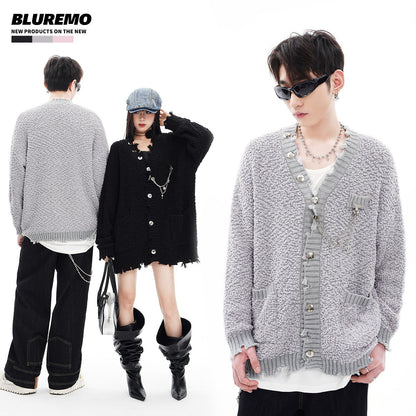 BLUREMO Metal Chain Versatile V-neck Knitted Cardigan