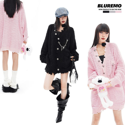 BLUREMO Metal Chain Versatile V-neck Knitted Cardigan