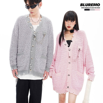 BLUREMO Metal Chain Versatile V-neck Knitted Cardigan