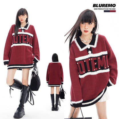 BLUREMO College Pearl Letter Polo Collar Knitted Sweater