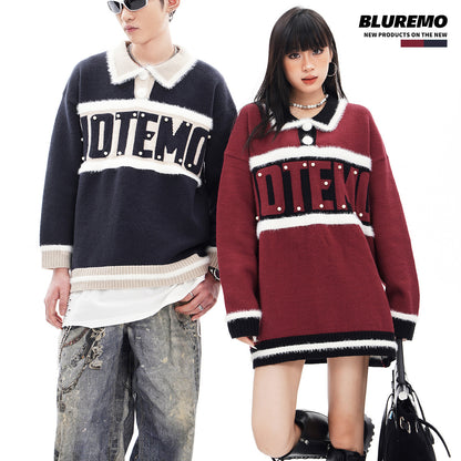 BLUREMO College Pearl Letter Polo Collar Knitted Sweater