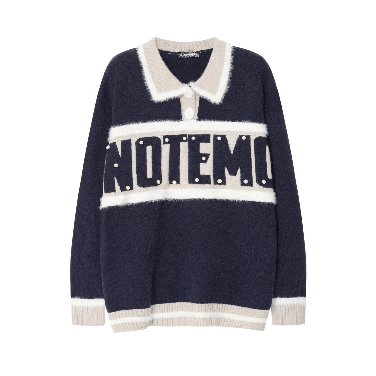 BLUREMO College Pearl Letter Polo Collar Knitted Sweater