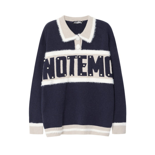 BLUREMO College Pearl Letter Polo Collar Knitted Sweater