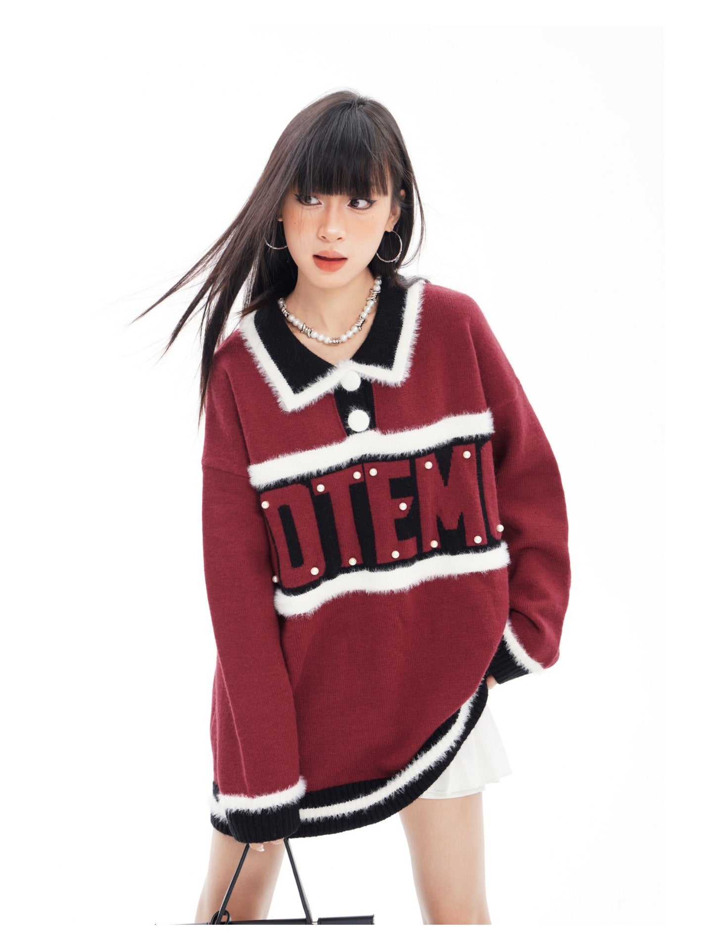 BLUREMO College Pearl Letter Polo Collar Knitted Sweater