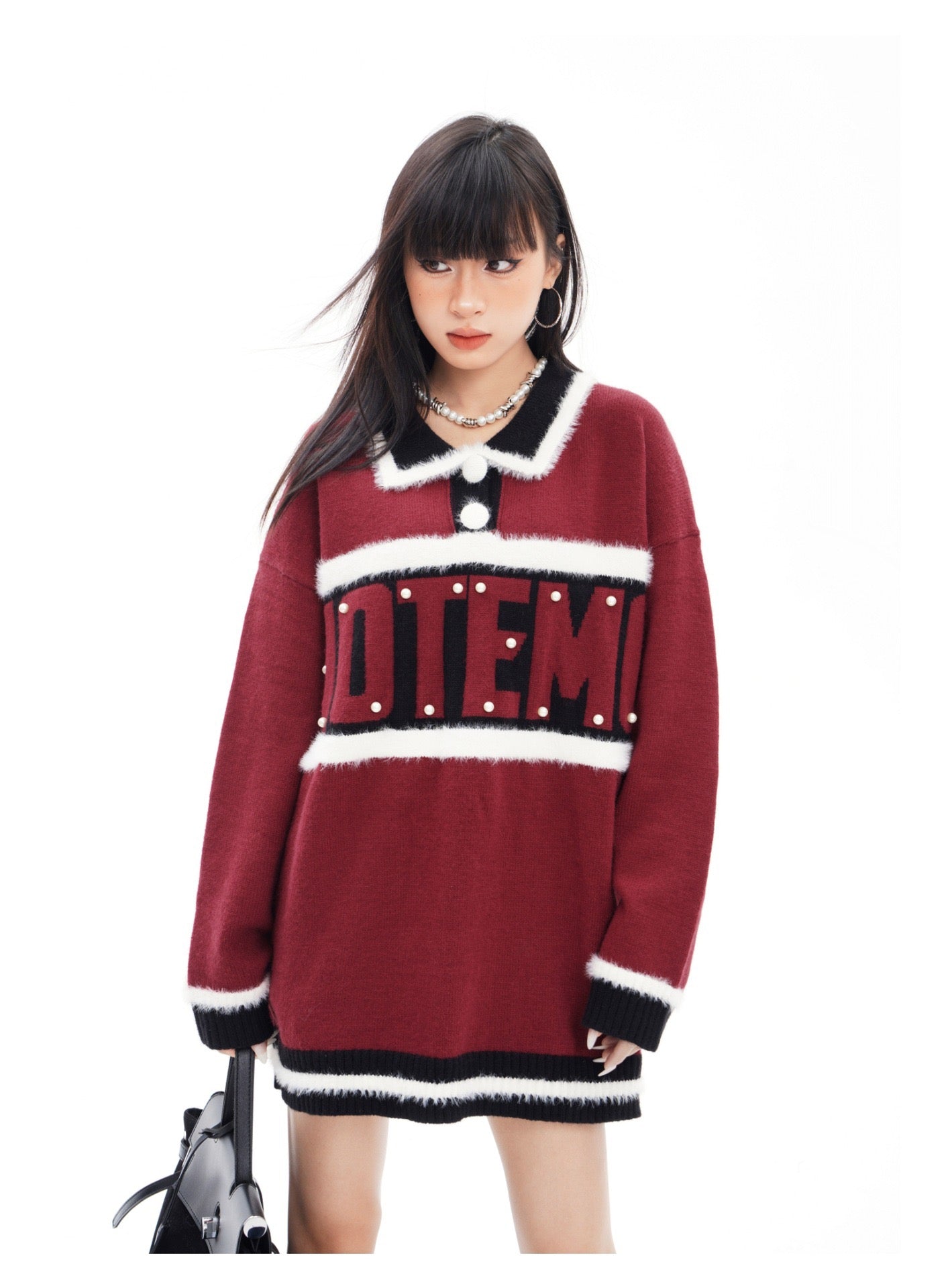 BLUREMO College Pearl Letter Polo Collar Knitted Sweater