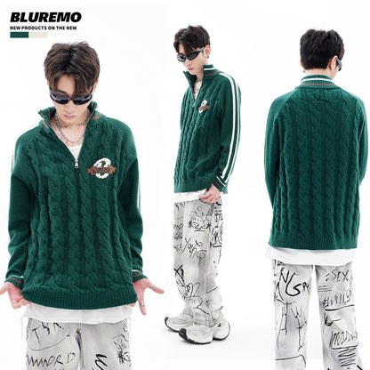 BLUREMO College Twisted Towel Embroidery Half-Zip Turtleneck Sweater