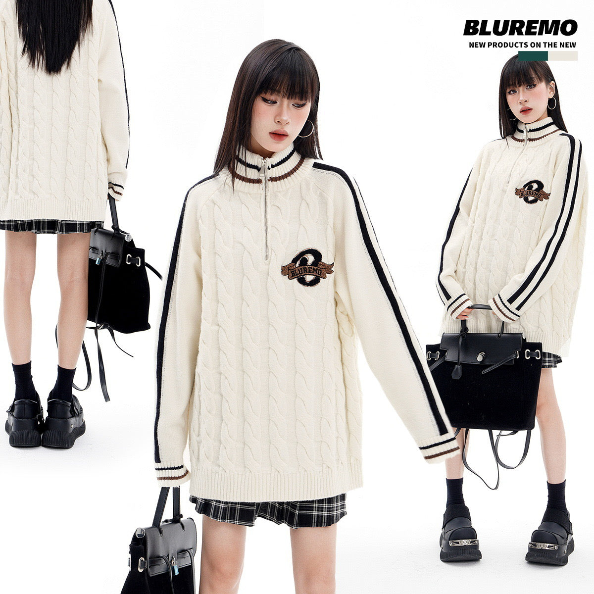 BLUREMO College Twisted Towel Embroidery Half-Zip Turtleneck Sweater