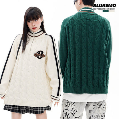 BLUREMO College Twisted Towel Embroidery Half-Zip Turtleneck Sweater