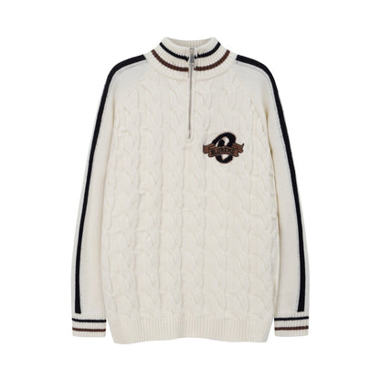 BLUREMO College Twisted Towel Embroidery Half-Zip Turtleneck Sweater